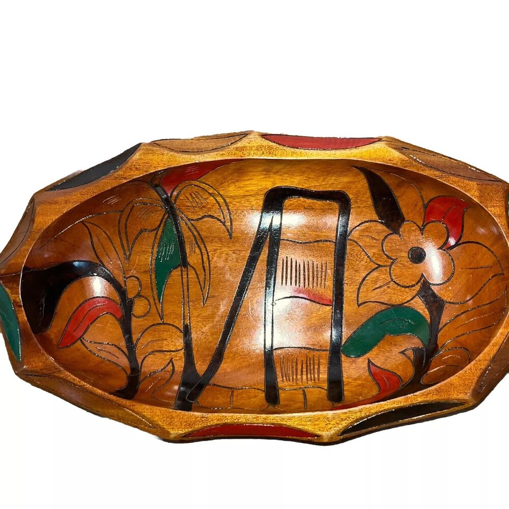 Vintage Wood Hand Carved Hand Painted Oval Bowl Floral Design Mid Century